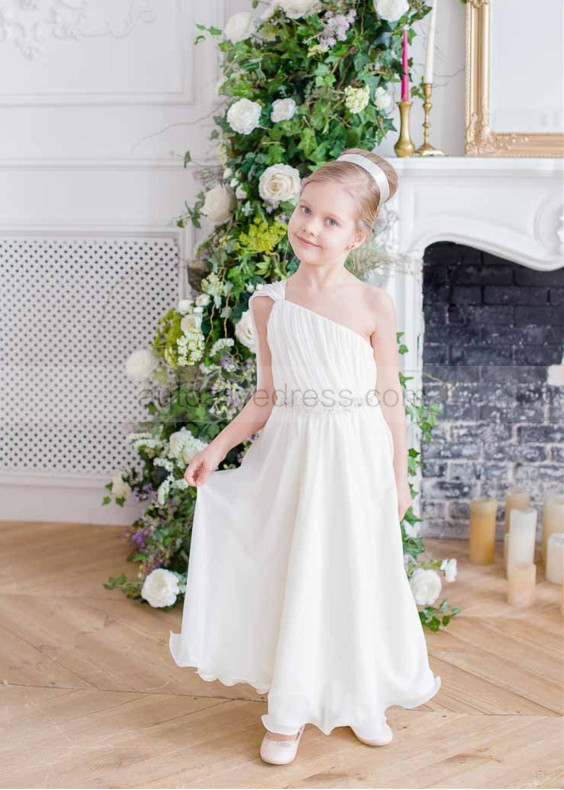 One Shoulder Ivory Chiffon Pleated Flower Girl Dress